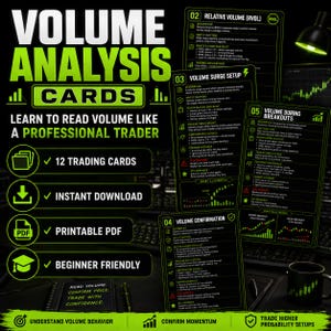 Pode incluir: Um conjunto de 12 cartões de trading Volume Analysis com texto instrutivo sobre volume de mercado, volume relativo, configurações de aumento e confirmação de volume. Cartões pretos com texto e ícones verde-brilhante para trading.