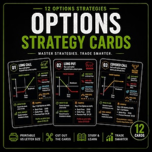 May include: A set of 12 Options Strategy Cards with a black background. The cards display financial strategies, including Long Call, Long Put, and Covered Call, with diagrams and examples. The text includes "Master Strategies. Trade Smarter."