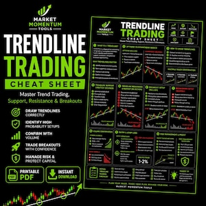 May include: A black and green educational cheat sheet titled Trendline Trading, featuring ten numbered sections with financial charts, text explanations, and icons. The document outlines strategies for market trend analysis, support, resistance, and risk management.