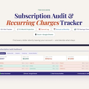 Subscription Audit Tracker | Recurring Charges Excel Google Sheets Spreadsheet | Dual Income Family Streaming Cancel Save Budget Planner App