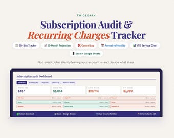 Subscription Audit Tracker | Recurring Charges Excel Google Sheets Spreadsheet | Dual Income Family Streaming Cancel Save Budget Planner App