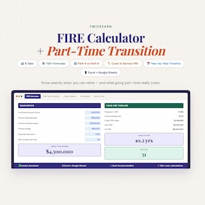 FIRE Calculator Spreadsheet | Dual Income Family Part Time Transition | Early Retirement Planner Excel Google Sheets | Coast Barista FIRE FI