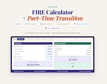 FIRE Calculator Spreadsheet | Dual Income Family Part Time Transition | Early Retirement Planner Excel Google Sheets | Coast Barista FIRE FI