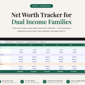 May include: A digital download graphic with the text "Net Worth Tracker for Dual Income Families." The spreadsheet shows financial data, including cash, savings, and retirement accounts. The tracker includes 43 account rows and a 10-year history.