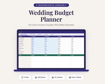 Wedding Budget Planner Spreadsheet | Vendor Tracker Guest List Timeline | Excel Google Sheets | Dual Income Couple Budget