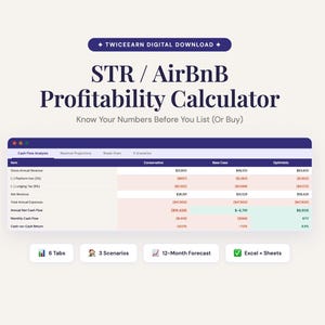 Puede incluir: Un gráfico de descarga digital con el texto "STR / AirBnB Profitability Calculator". La imagen muestra una hoja de cálculo con datos financieros, incluidos ingresos y gastos. El texto adicional incluye "Know Your Numbers Before You List (Or Buy)".