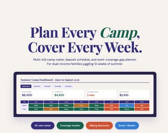 Summer Camp Budget Tracker | Dual Income Family Activity Planner Excel Google Sheets | Multi Kid Coverage Gap Calendar Sibling Discount FSA