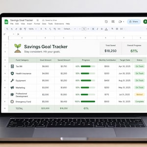 May include: A laptop displaying a "Savings Goal Tracker" spreadsheet. The screen shows financial data, including goal amounts, saved amounts, and progress bars. A plant and a mug are in the background.