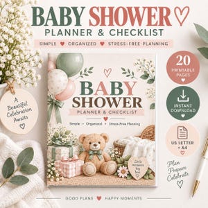 Könnte beinhalten: Ein Baby Shower Planner & Checklist Buch mit einem Teddybären, Geschenken und Luftballons auf dem Cover. Der Text lautet Baby Shower Planner & Checklist, Simple, Organized, Stress-Free Planning, 20 Printable Pages, Instant Download, US Letter + A4.
