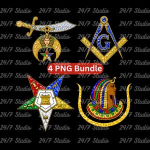May include: A digital graphic bundle featuring four distinct symbols: a scimitar with a crescent and star, a Masonic square and compass with a blue G, a five-pointed star with central emblems, and an Egyptian-style bust with a crescent base.