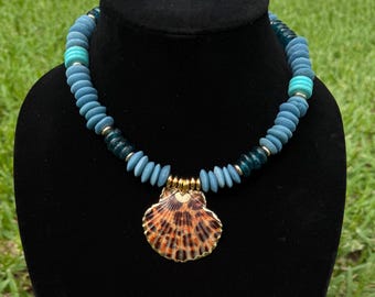 Jaguars Teal Statement Necklace, Recycled Glass Beads, Shell Pendant, Game Day Jewelry