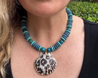Teal Gold Jaguar Print Shell Statement Necklace, Ashanti Glass Beads