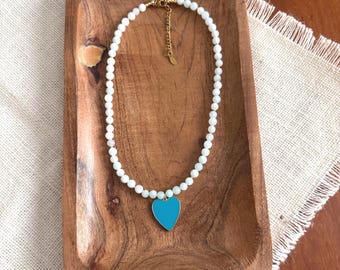 Teal Enamel Heart and Quartz Jacksonville Jaguar Statement Necklace, Handmade Game Day Jewelry