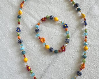 Summer Glow Wildflower Beaded Necklace and Bracelet Set, Boho Floral Glass Seed Bead Jewelry
