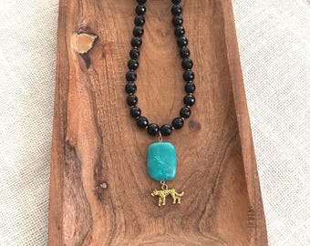 Teal Stone and Black Agate Jaguar Charm Dopamine Jaguar  Statement Necklace, Handmade Game Day Jewelry