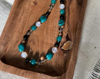 Teal Black and Gold Agate and Quartz Jacksonville Jaguar Statement Necklace, Handmade Game Day Jewelry
