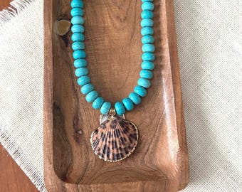 Teal Howlite Jaguar Print Shell Statement Necklace, Handmade Game Day Jewelry