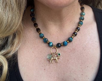 Teal Tigers Eye Agate Jaguar Charm Necklace, Handmade Statement Gemstone Jewelry