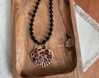 Black Agate Jaguar Print Shell Statement Necklace, Handmade Game Day Jewelry