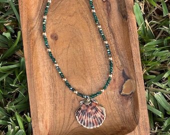 Teal Crystal Gold Ball Jaguar Print Shell Statement Necklace, Handmade Game Day Jewelry