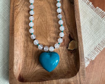 Teal Enamel Heart and White Agate Jacksonville Jaguar Statement Necklace, Handmade Game Day Jewelry