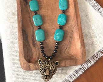 Teal Howlite Stone Agate and  Jaguar Rhinestone Pendant Jacksonville Jaguar Statement Necklace, Handmade Game Day Jewelry
