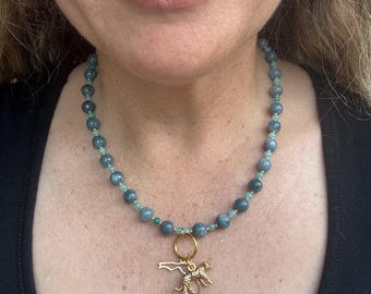 Teal Chalcedony Amazonite Jaguar Charm Necklace, Handmade Statement Gemstone Jewelry