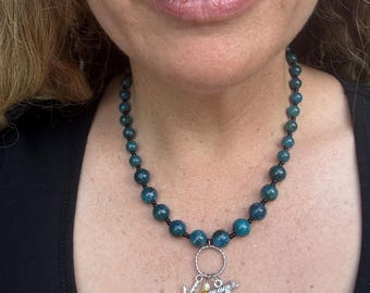 Teal and Black  Apatite Jaguar Charm Necklace, Handmade Statement Gemstone Jewelry