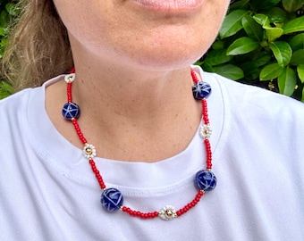 Handmade Anthem Wildflower Beaded Necklace, Red White Blue Floral Jewelry