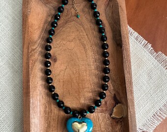 Teal Enamel Heart and Black Agate Jacksonville Jaguar Statement Necklace, Handmade Game Day Jewelry