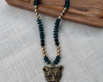 Handmade Teal Jaguar Pendant Necklace, Black Agate Gold Plated, Game Day NFL Jacksonville Jags Beaded Necklace