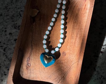 Teal Enamel Heart and White Agate Jacksonville Jaguar Statement Necklace, Handmade Game Day Jewelry