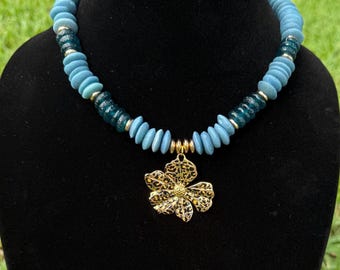 Teal Ashanti Glass Jaguar Print Flower Pendant Necklace, Recycled Beads