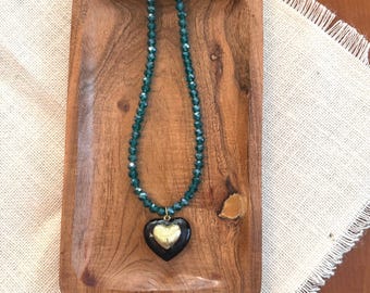 Teal Crystal and Black Enamel Heart Jacksonville Jaguar Statement Necklace, Handmade Game Day Jewelry