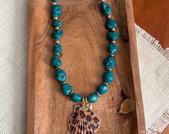 Teal Howlite Jaguar Print Shell Statement Necklace, Handmade Game Day Jewelry