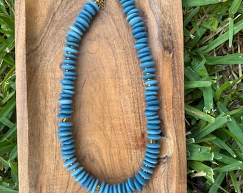 Denim Blue and Gold Ashanti Glass Beaded Necklace
