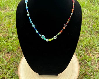 Handmade Beaded Necklace, Florida Spring River Confluence Design, Gemstone Crystal Wildflowers