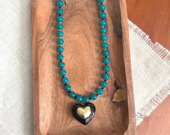 Teal Jade and Black Enamel Heart Jacksonville Jaguar Statement Necklace, Handmade Game Day Jewelry