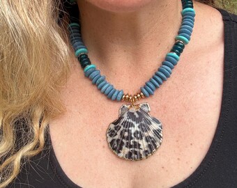 Teal Jaguar Print Scallop Shell Statement Necklace, Ashanti Glass Beads