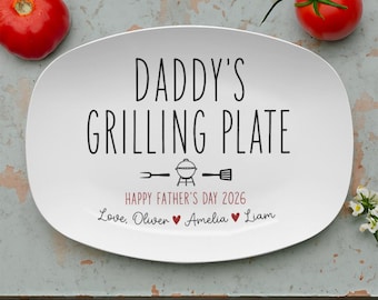 Daddy's Grilling Plate Minimalist Custom BBQ Platter, Personalized Dad Gift with Names, Father's Day