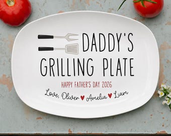Daddy's Grilling Plate Personalized Platter Fun Style, Custom Dad BBQ Plate Kids Names, Father's Day Gift