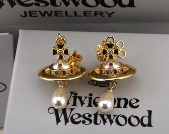 In Box Vivienne Earrings,Gold CZ Pearl Saturn Drop,Gift for Her