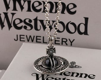 In Box Vivienne Necklace,Silver Obsidian CZ Saturn Pendant,Gift for Her