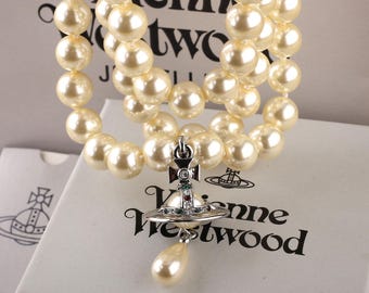 In Box Vivienne Pearl Necklace,Silver Three Pearl Chain CZ Saturn Pendant,Gift for Her