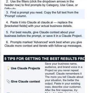 以下が含まれることがあります： 「Claude AI Business Prompt L」というタイトルのデジタルガイド。ビジネスオーナー向けの指示とヒントが記載されています。このガイドには、65以上のコピー＆ペーストプロンプトのリストと、それらを効果的に使用するための手順が含まれています。