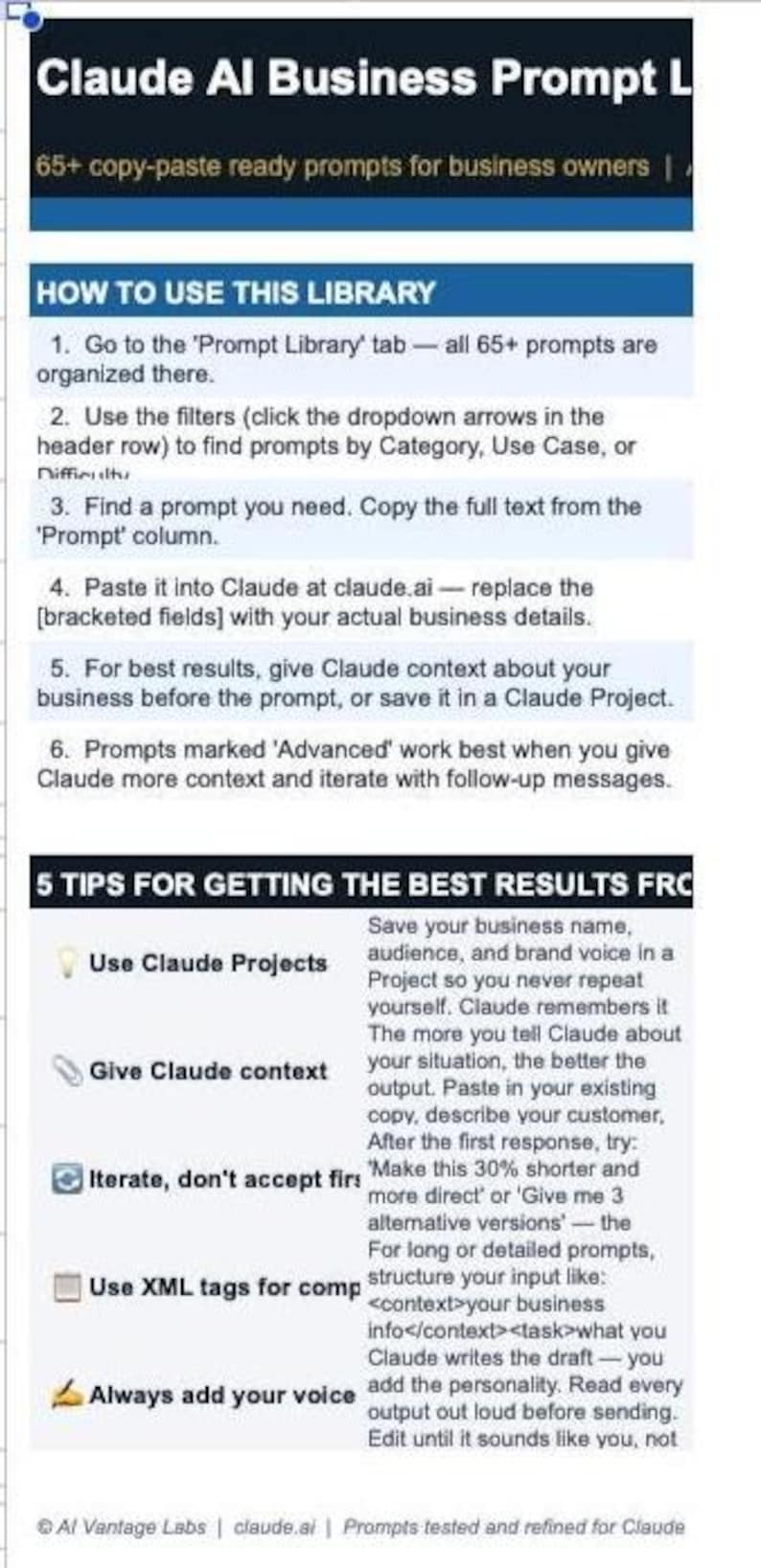 以下が含まれることがあります： 「Claude AI Business Prompt L」というタイトルのデジタルガイド。ビジネスオーナー向けの指示とヒントが記載されています。このガイドには、65以上のコピー＆ペーストプロンプトのリストと、それらを効果的に使用するための手順が含まれています。