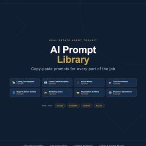 May include: A dark blue digital toolkit interface titled AI Prompt Library for real estate agents. It features 55 prompts across eight categories including Listing Descriptions, Client Communication, Social Media, Lead Generation, and Business Operations.