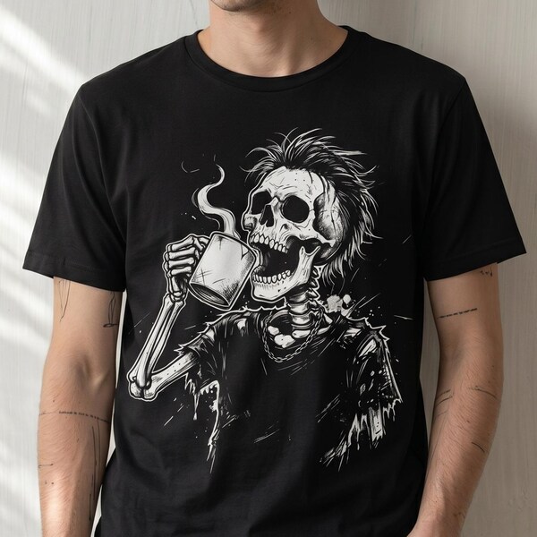 Camiseta de café con esqueleto, camiseta gótica para amantes del café, camiseta grunge con calavera, camiseta "Dead Inside", camiseta espeluznante de Halloween, camiseta gráfica de esqueleto punk de regalo
