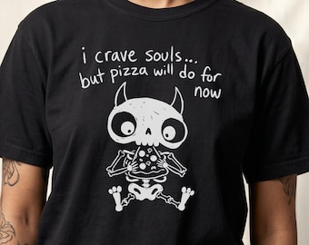 Camiseta de esqueleto demoníaco, regalo para amantes de la pizza espeluznante, camiseta gótica terrorífica, camiseta de Halloween
