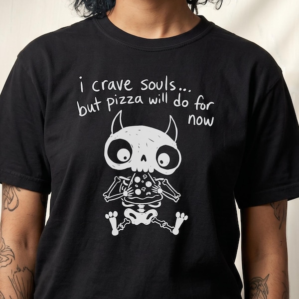 Camiseta de esqueleto demoníaco, regalo para amantes de la pizza espeluznante, camiseta gótica terrorífica, camiseta de Halloween